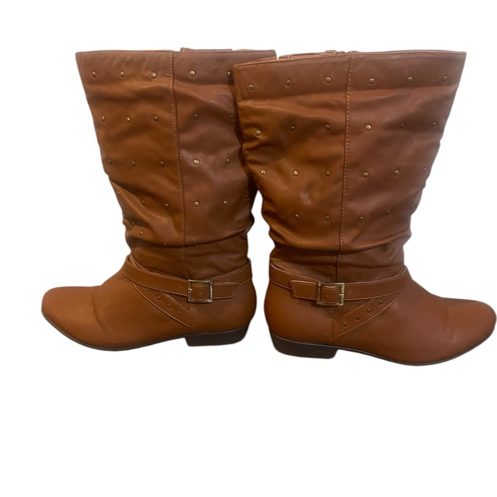 Comfortview Tan Faux Leather Studded Belted Slouch Biker Boots SZ 10